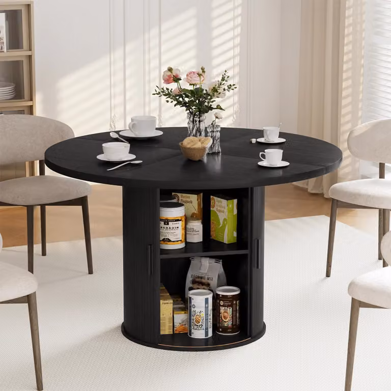 Tavolo da pranzo rotondo - Tavolo da cucina e da pranzo - Diametro 120 cm - Ripiano a due livelli - Anta scorrevole in legno - Per 6 persone - Nero