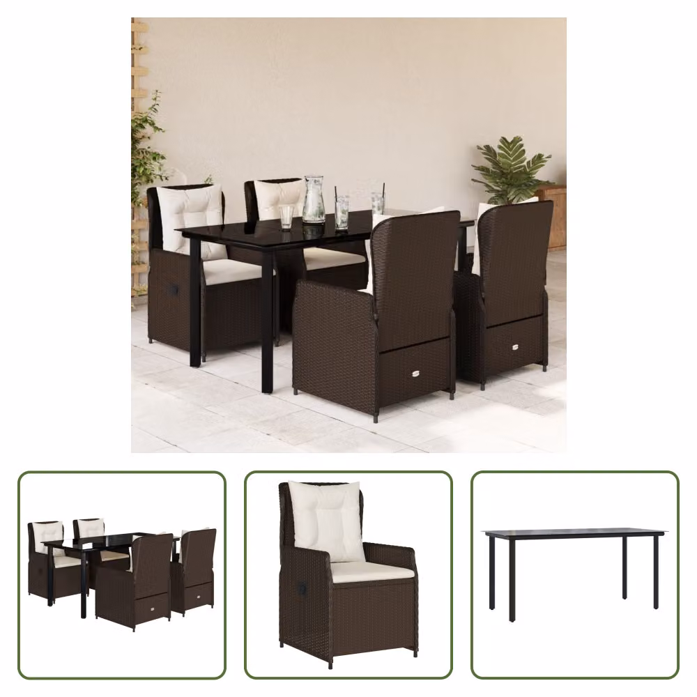 The Living Store Set da pranzo da giardino 5 pezzi con cuscini in polirattan marrone