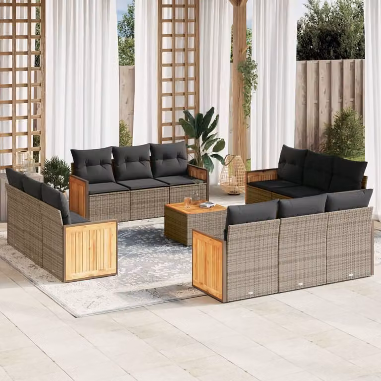 Set di divani da giardino vidaXL 13 pezzi in polyrattan grigio con cuscini e tavolino da esterno
