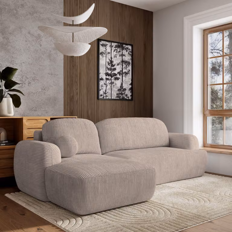 Divano angolare Masseno MODENZA P L-S con funzione letto a L, divano con box letto, divano da soggiorno, divano, divano letto, set di divani - beige, POSO 02