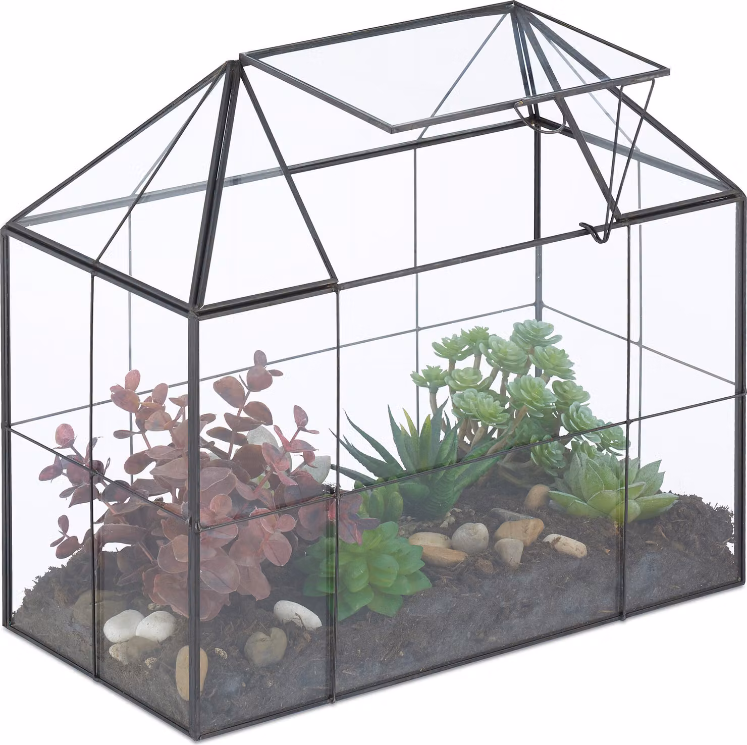 Terrario per piante Relaxdays, vetro e rame, 27x30x15 cm, serra decorativa con cactus e muschio, teca in vetro da davanzale, nero