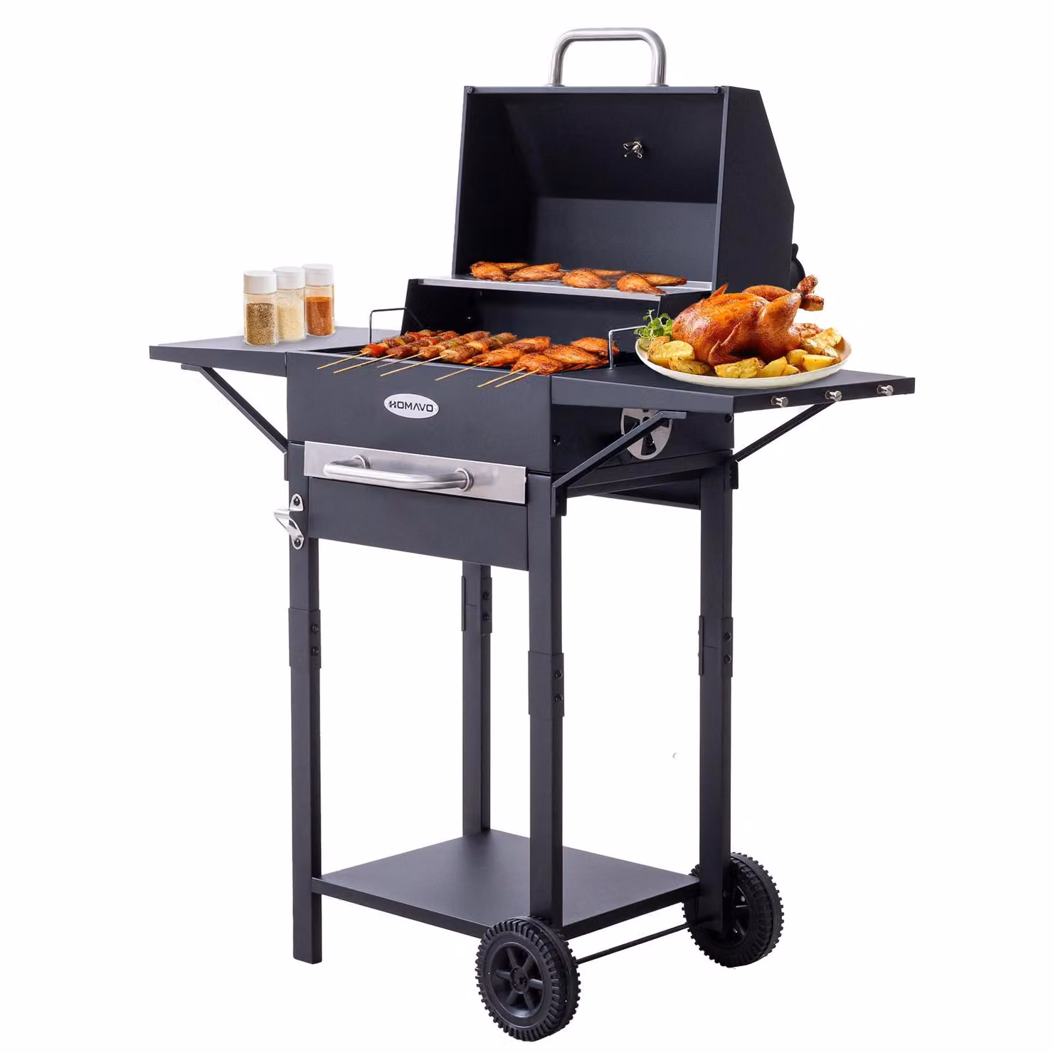 Barbecue a carbonella HOMAVO con coperchio, superficie di cottura: 45×32 cm, vaschetta per la carbonella regolabile in altezza su 2 livelli, tavolino laterale, termometro