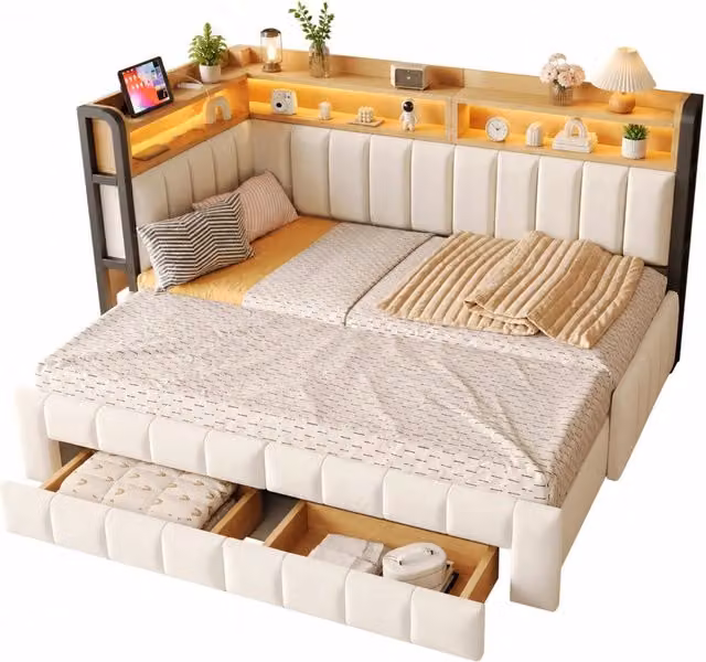Letto a Divanetto Moderno in Velluto Beige con 2 Cassetti, Luci LED e Porte di Ricarica USB e Type-C, L/P/H: 90 x 200 x 120 cm