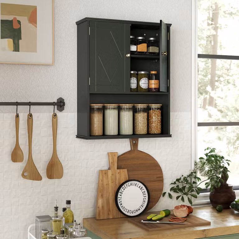 Armadietto da muro Costway per bagno e lavanderia con 2 ante e ripiano aperto regolabile, colore verde