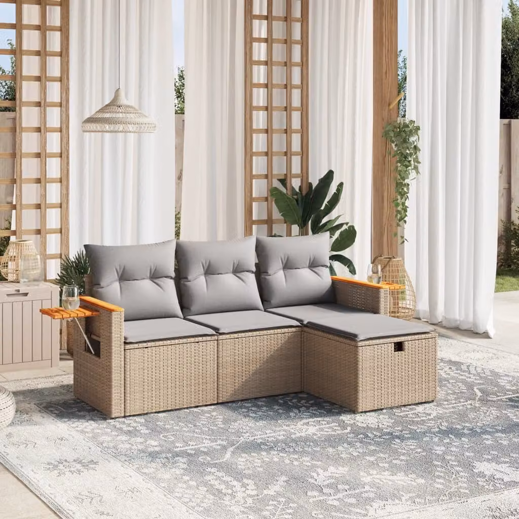 Set Divano da Giardino a L vidaXL 4 pz con Cuscini Beige e Grigio in Polyrattan e Acciaio – 1