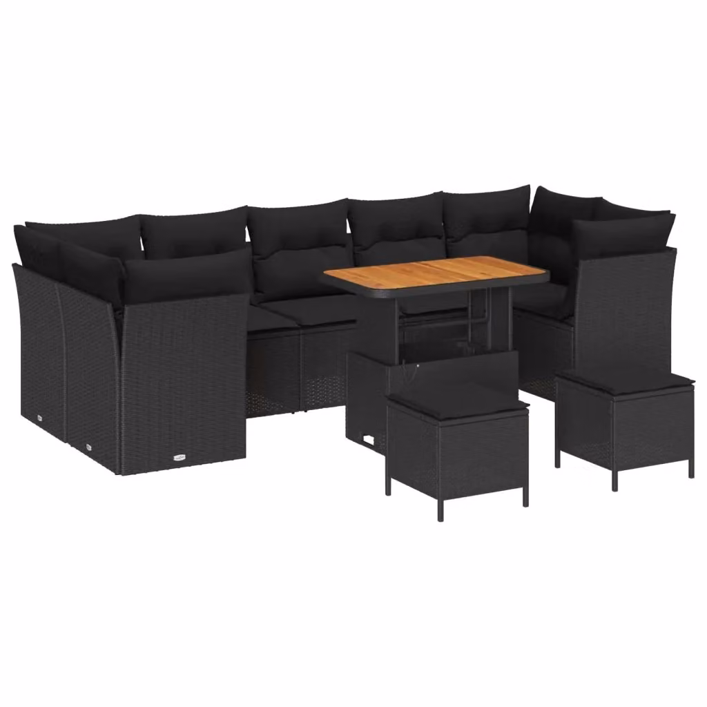 Set Divano da Giardino vidaXL a forma a U in Polyrattan Nero con Cuscini e Tavolino da Caffè – 2