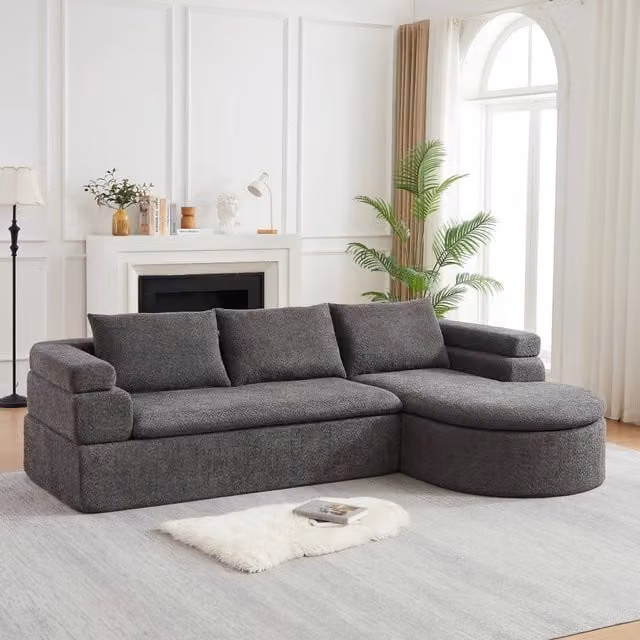 Divano angolare con chaise longue e bracciolo a gradini in ciniglia antracite