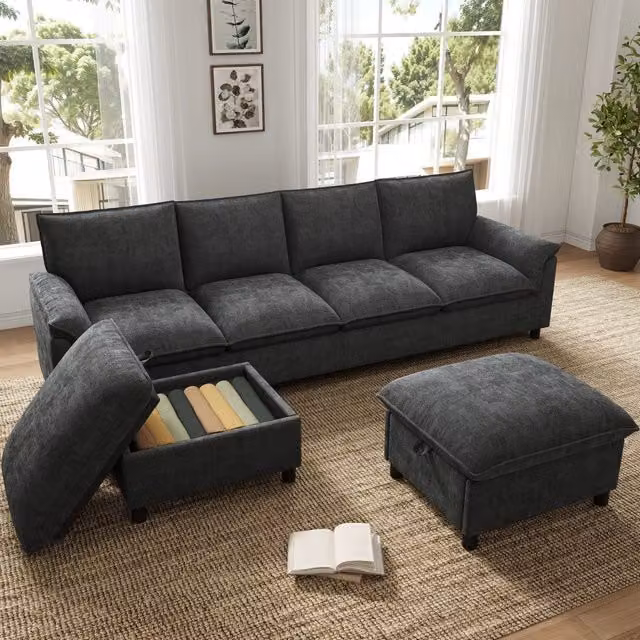 Divano modulare a U REDOM in ciniglia nera con 2 pouf, L: 264,5 cm, P: 142,5 cm, H: 84 cm