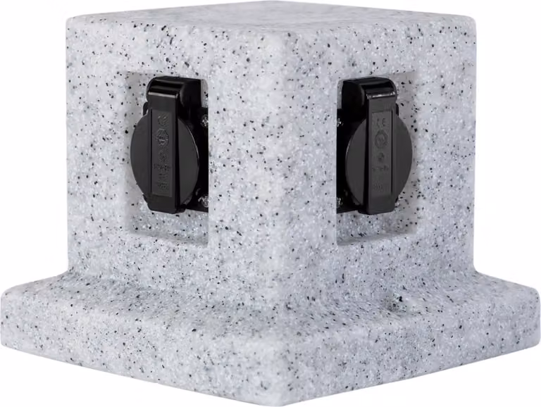 Presa di corrente da giardino Grafner in look pietra con 4 prese, IP44, 3680W / 16A, angolare, profilo energetico presa multipla da esterno look pietra presa di corrente da esterno a 4 vie granito roccia resistente agli schizzi