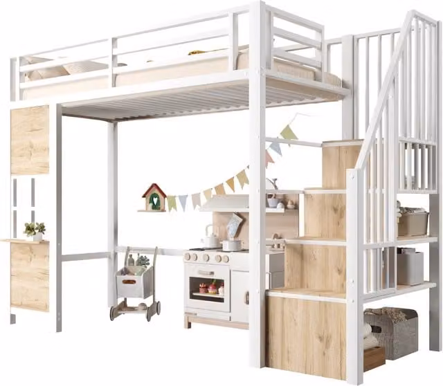 Letto a soppalco singolo Chicfurn bianco con scala contenitore, ripiano laterale e struttura in legno, metallo e MDF, L/P: 90 x 200 cm
