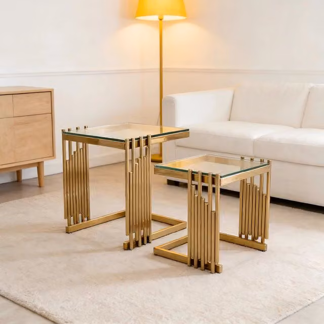 Tavolino da Salotto Set 2 Pezzi ¨C MINIMAL ¨C Vetro Temperato, Gambe in Acciaio Dorato