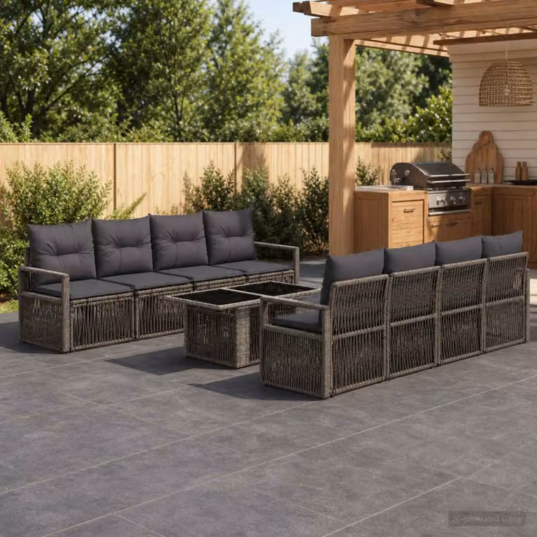 Set Divano da Giardino vidaXL 9 pz in Polyrattan Grigio e Antracite con Tavolino e Cuscini