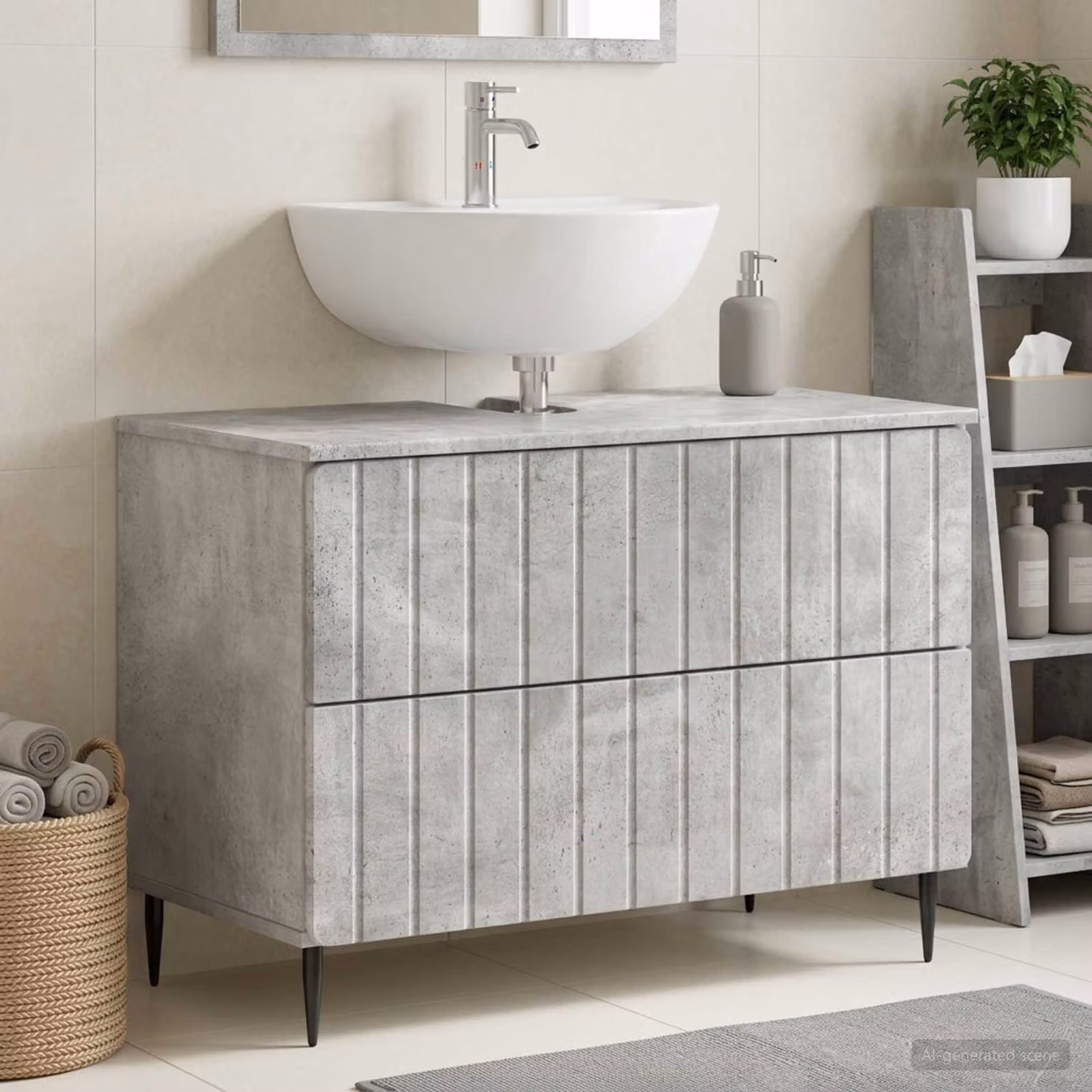 Armadio per lavabo da bagno moderno vidaXL ZWOLLE Grigio Cemento con ante e cassetti L/P/H: 82,0 x 41,0 x 58,5 cm