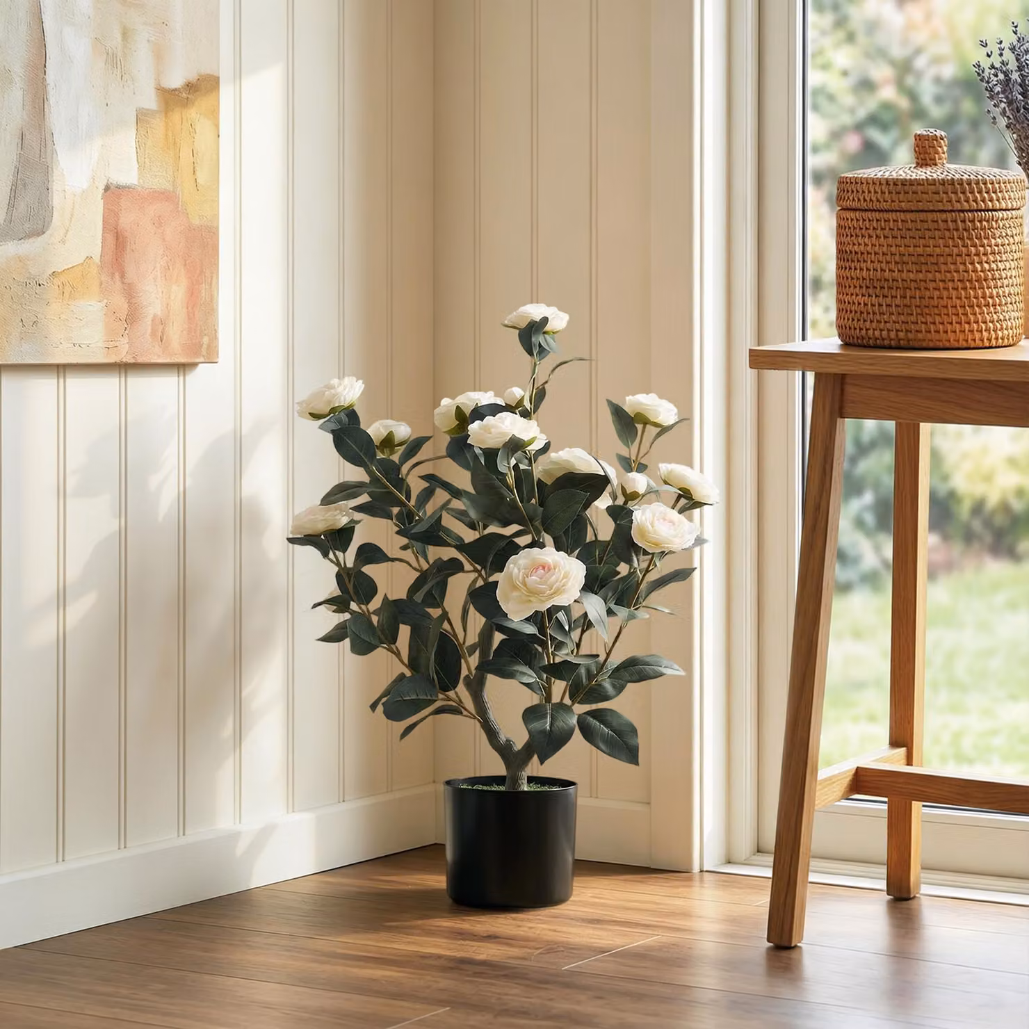 Pianta Artificiale Camelia HOMCOM Bianca con Fiori in Seta e 116 Foglie, Altezza: 65 cm – 2