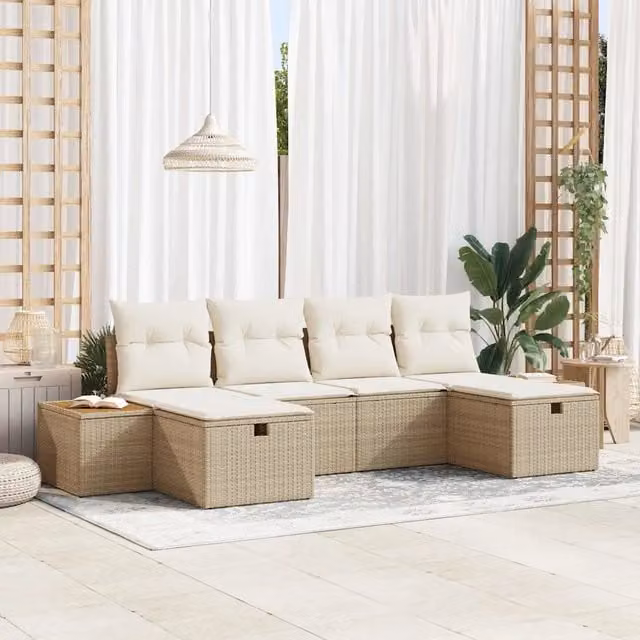 Set Divano da Giardino Moderno vidaXL in Polyrattan Beige con Ottoman e Cuscini per 6 Persone