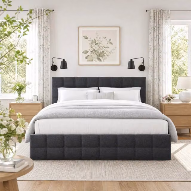 Letto matrimoniale imbottito 140 × 200 cm con 4 cassetti rete in acciaio testiera regolabile grigio lino