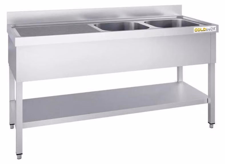 Lavello in acciaio inossidabile, dimensioni 1400x600 mm, con 2 vasche a destra e scolapiatti a sinistra, modello PREMIUM - GOLDINOX