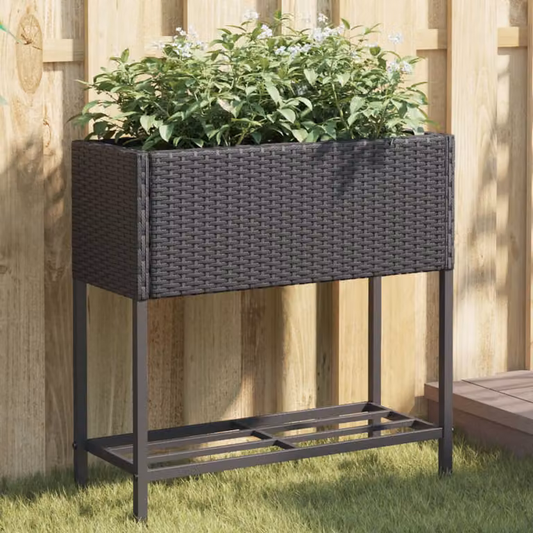 Fioriera da giardino con ripiano vidaXL nera in polyrattan e acciaio