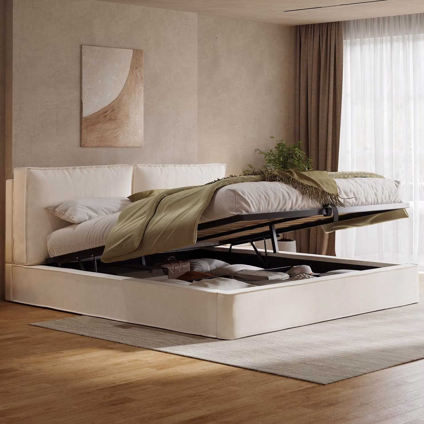 Letto imbottito STILVORA 180 x 200 cm con materasso, struttura letto con funzione idraulica e testiera, testiera imbottita, letto matrimoniale con rete a doghe, beige, velluto