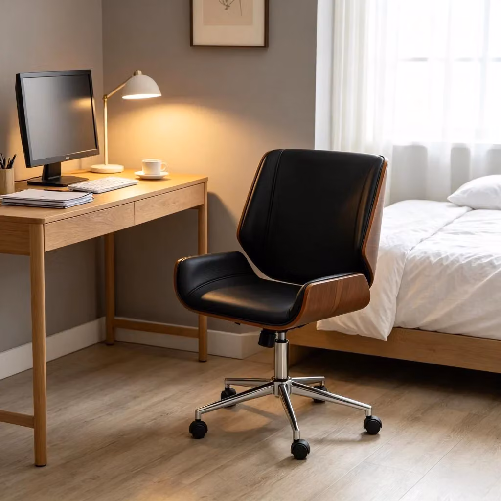 Sedia da ufficio ergonomica WISHDOR in ecopelle nera e marrone, girevole a 360 gradi con altezza regolabile e ruote, L/P/H: 60 x 53 x 120 cm – 2