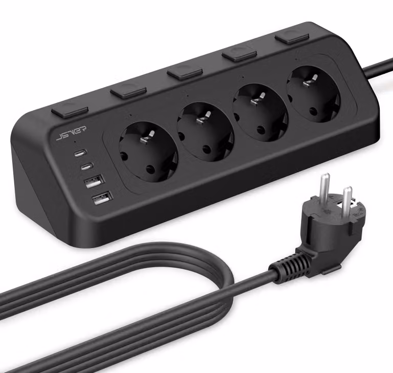 Presa multipla angolare con 4 prese e 4 porte USB, cavo da 2 metri