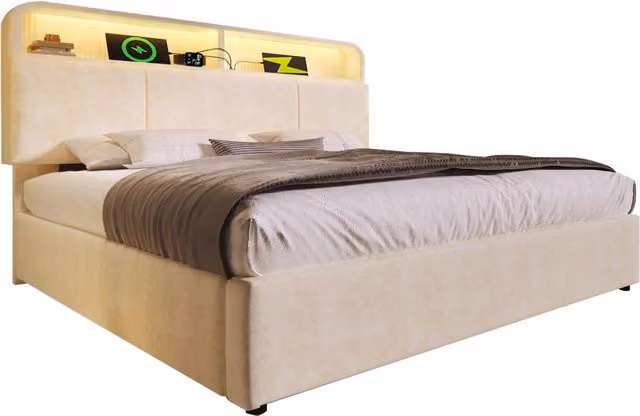 Letto Matrimoniale Contenitore Moderno in Velluto Beige con Illuminazione LED, Porte USB e Type-C, L/P: 140 x 200 cm