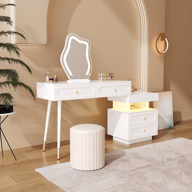 Tavolino da toilette Merax con specchio, Illuminazione LED, Luminosità regolabile, 4 cassetti, Vano a giorno con luci LED, Tavolino per cosmetici, Bianco