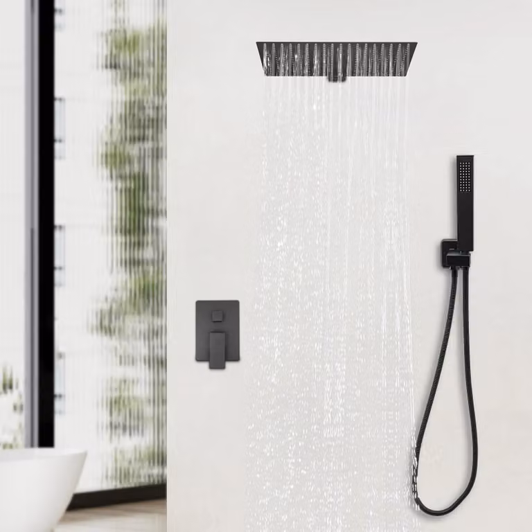 Set doccia per il bagno - Sistema doccia a pioggia montato a parete - Ottone e acciaio inossidabile - Design moderno - Nero