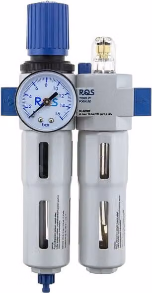 RQS OU-1/4-MINI riduttore di pressione con manometro, separatore d'acqua, oliatore (nebulizzatore d'olio)