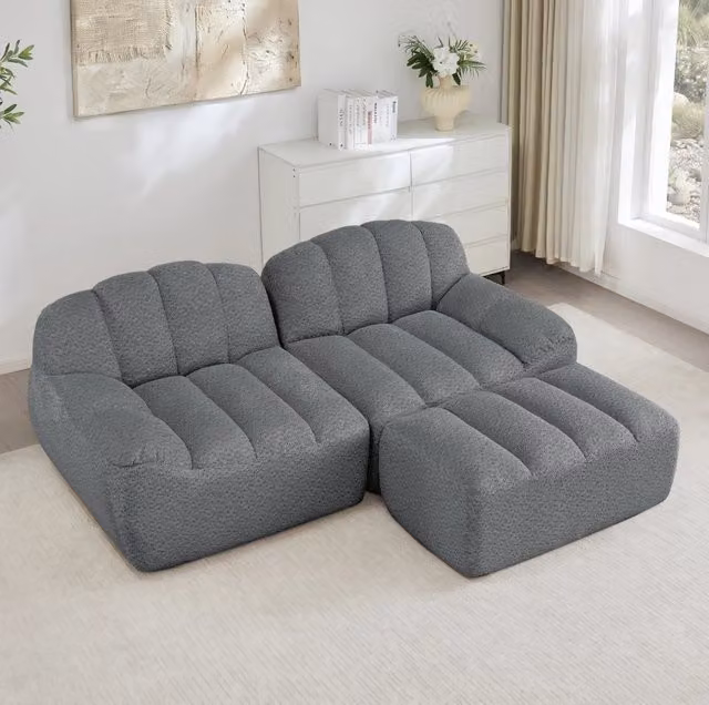 Divano modulare angolare 2 posti senza struttura con ottomano; 210x165x79 cm; grigio