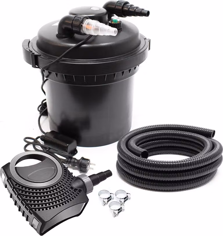 Set completo SunSun: filtro a pressione per laghetti CPF-280 fino a 8000 L con chiarificatore UV-C da 11 watt, pompa per laghetti NEO8000 SuperEco 8000l/h 70W, tubo per laghetti da 10 m 38 mm (1 1/2"), fascette stringitubo W1 44-47mm