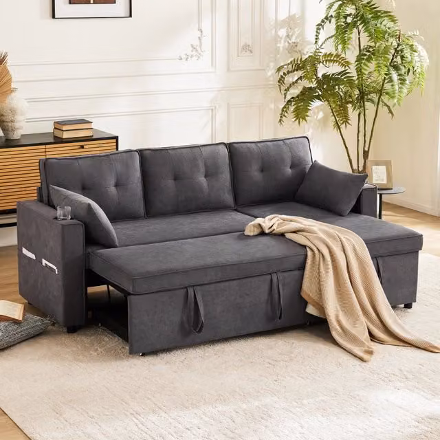 Divano letto angolare reversibile con contenitore e portabevande in tessuto effetto lino grigio 211 × 130 × 86 cm