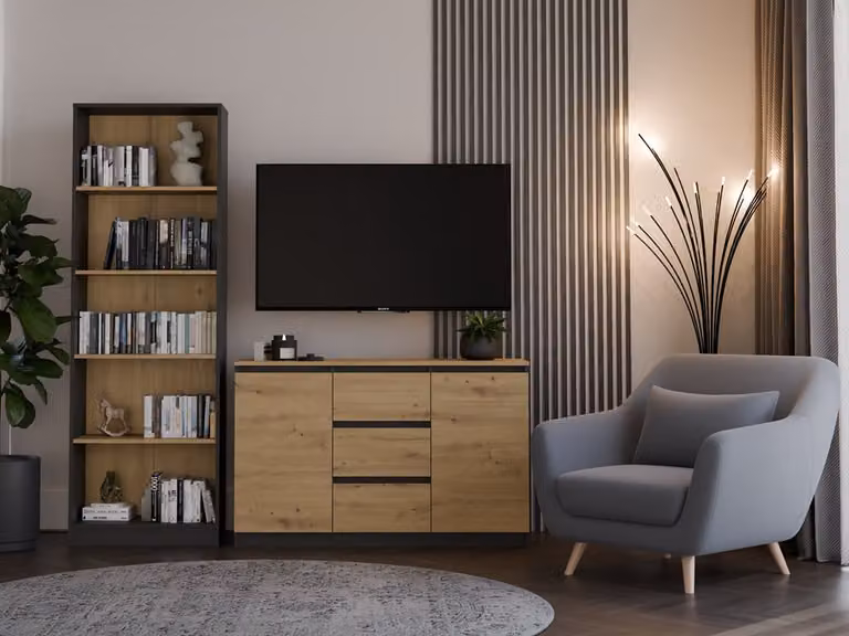 Comodà moderna a 2 ante e 3 cassetti dal design funzionale