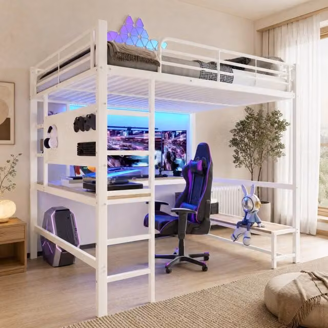 Letto a soppalco bianco 140x200 cm con struttura in ferro, scrivania integrata, LED, prese USB e scala di sicurezza