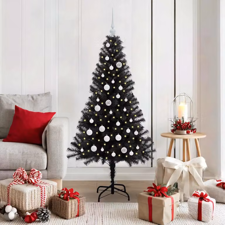 Albero di Natale moderno vidaXL nero in PVC con luci LED bianco caldo, altezza 150 cm