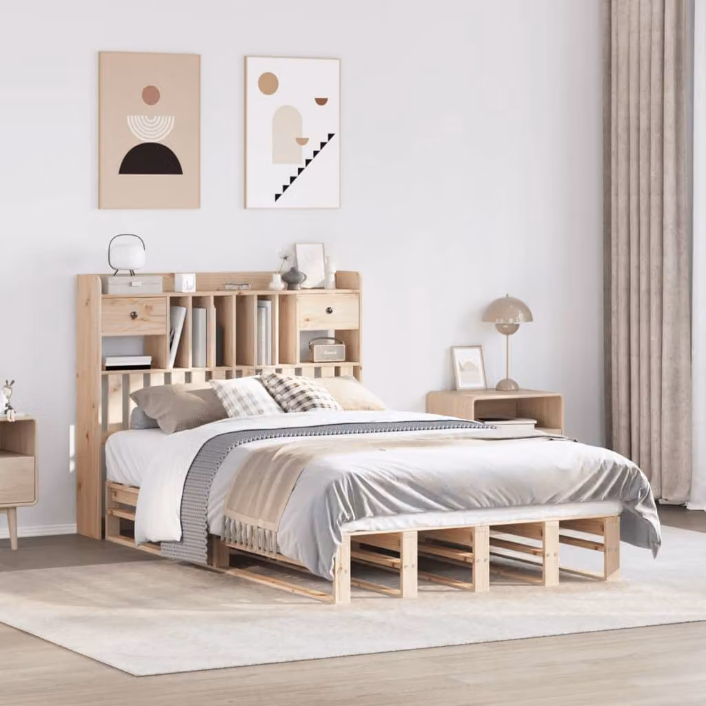 Letto con libreria e scomparti laterali vidaXL in legno di pino massiccio color marrone stile rustico L: 190 cm, P: 141 cm, H: 110 cm