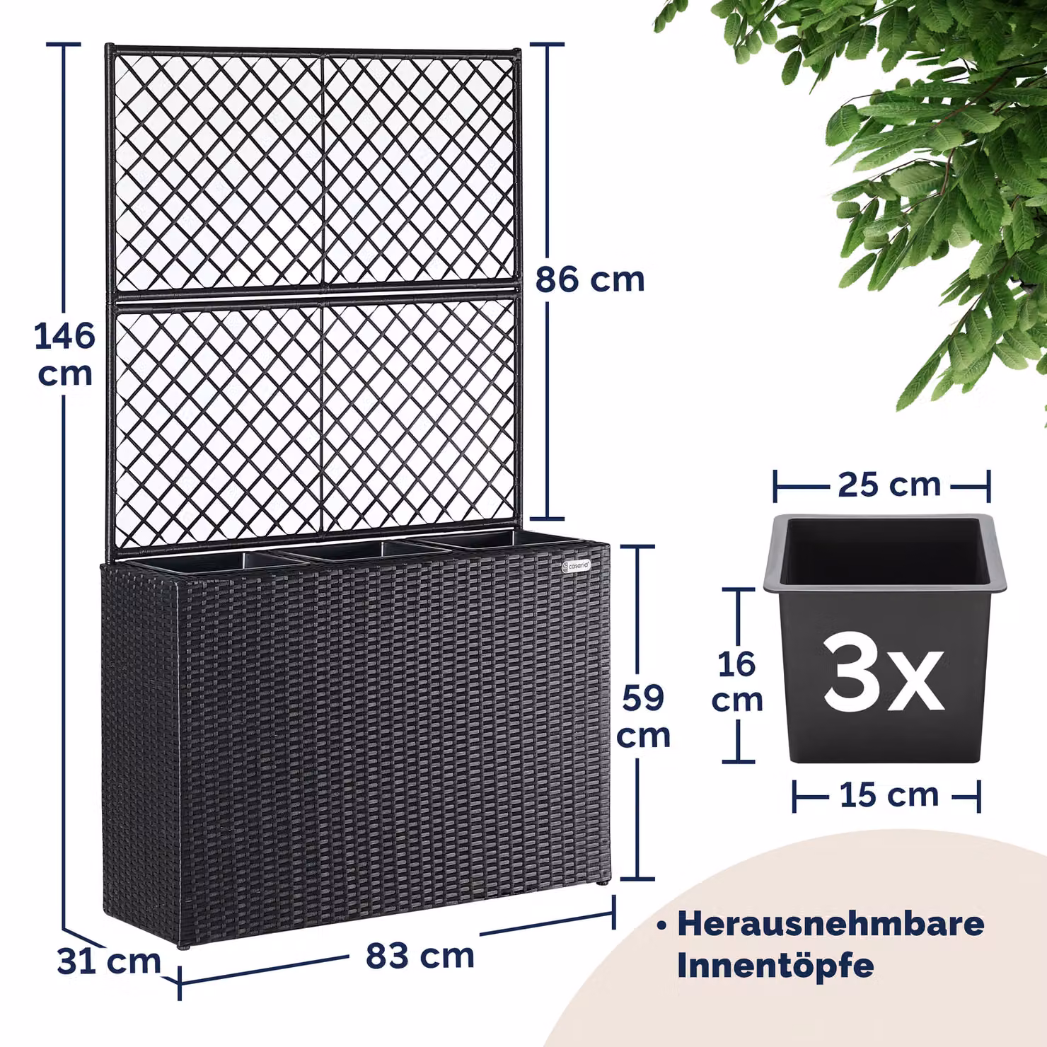 Fioriera con traliccio Casaria® in polyrattan e acciaio, colori nero, marrone, grigio o beige, H: 146 cm, L: 83 cm, P: 30,5 cm – 2