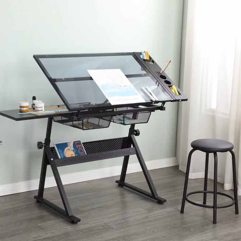 Tavolo da disegno regolabile con piano in vetro temperato e sedia nera, per l'ufficio e il lavoro da casa