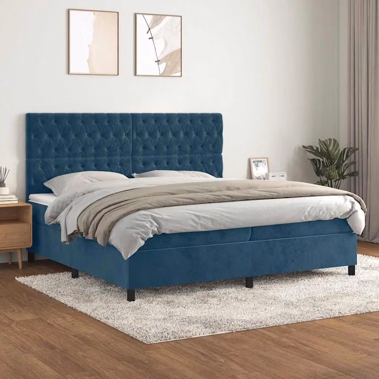Letto Ibrido vidaXL con Giroletto a Molle e Materasso a Tasche in Velluto Blu Scuro, L/P/H: 200 x 200 x 128 cm