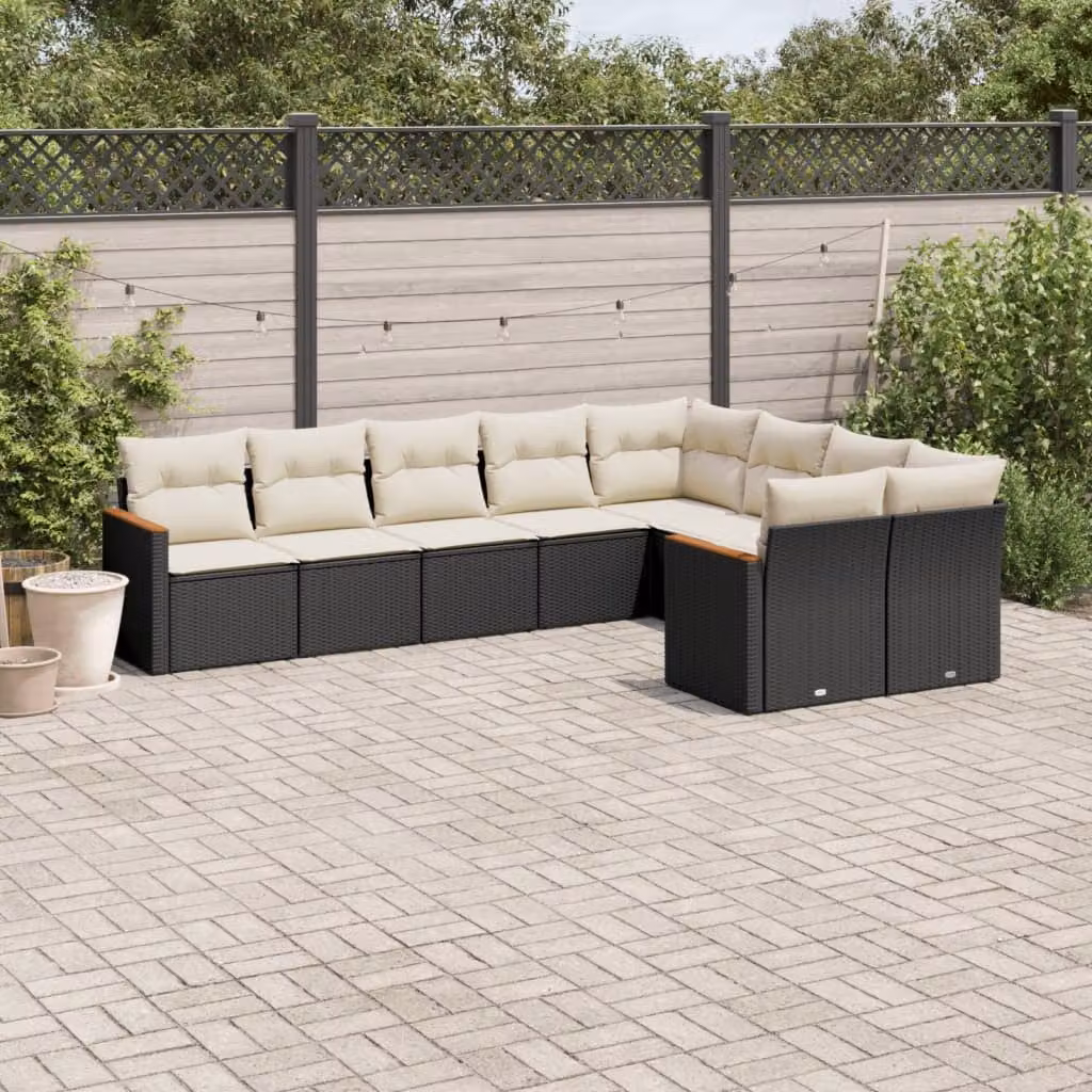 Set di divani da giardino vidaXL in rattan con cuscini neri e struttura in acciaio verniciato a polvere, 9 pezzi – 1