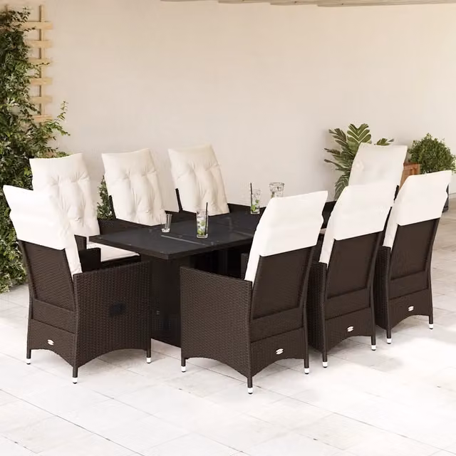 Set da pranzo da giardino vidaXL in polyrattan marrone e bianco con 9 pezzi e piano in vetro – 1