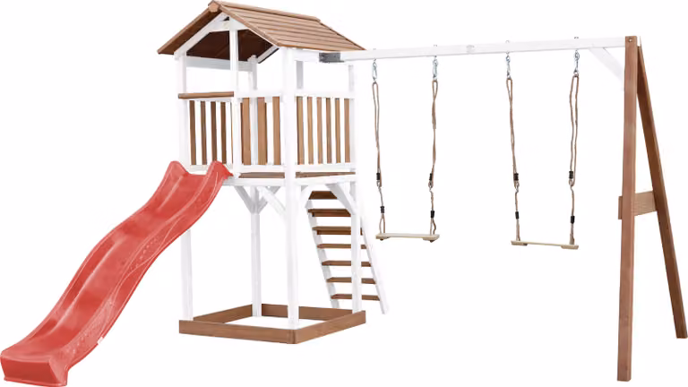 AXI Beach Tower parco giochi in legno in marrone e bianco | Torre di gioco con sabbiera, doppia altalena e scivolo rosso | Casa per bambini su palafitte per il giardino