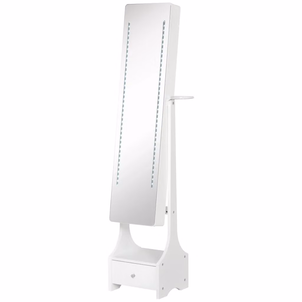 Armadio Portagioie Zephmum con Specchio, Luci LED e Cassetti, Bianco, H: 158 cm, L: 37 cm, P: 30 cm – 2