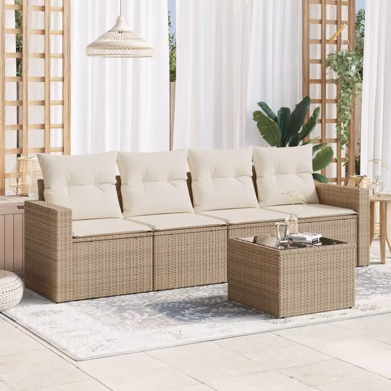 vidaXL Set Divano da Giardino a L 5 pz con Cuscini Beige e Tavolino in Polyrattan e Acciaio