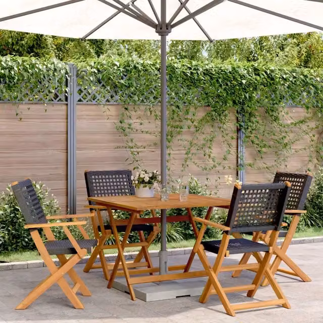 Set da Pranzo per Giardino 5pz Nero Polyrattan e Legno Massello 3281826