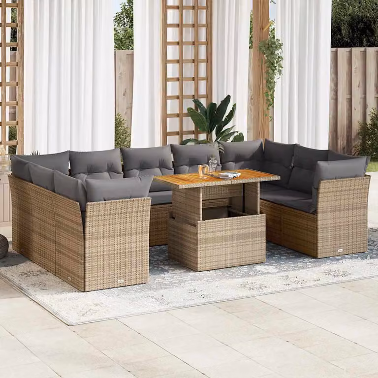 Set Divano da Giardino vidaXL 10 Pezzi in Polyrattan con Cuscini Beige e Tavolino da Esterno