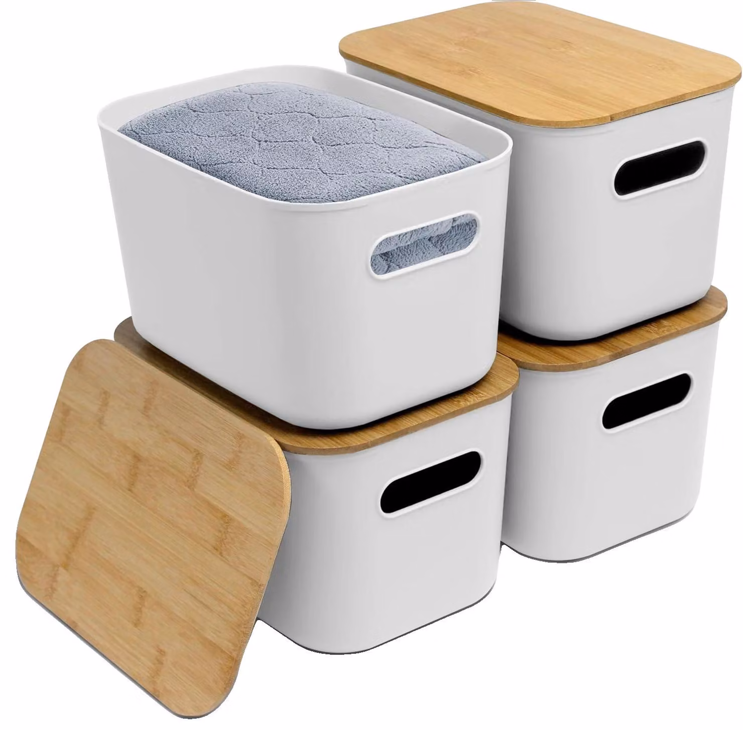 Contenitori per alimenti, design impilabile, coperchi in bambù, set da 4 pezzi, colore bianco con coperchi