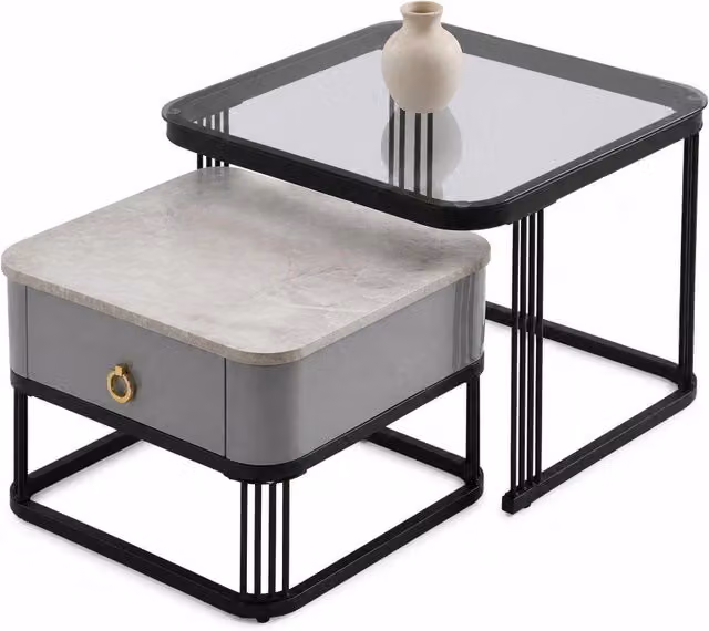 Set di 2 tavolini da caffè modulari REDOM moderni in MDF e vetro, colore nero e grigio, forma quadrata, L/P/H: 60 x 60 x 44,5 cm e 50 x 50 x 34,5 cm – 1