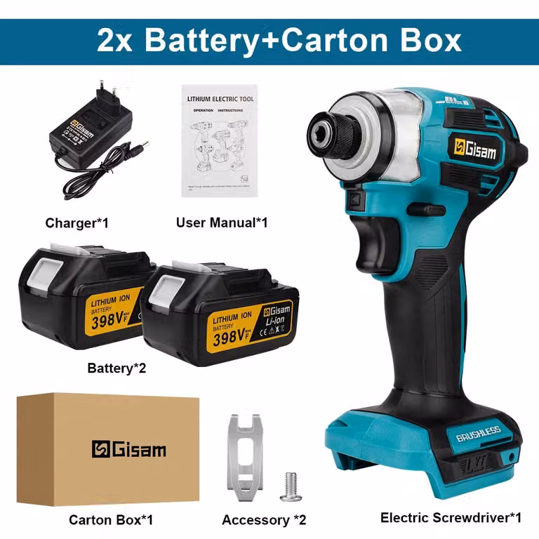 Avvitatore elettrico a batteria da 18V - Trapano avvitatore a batteria brushless con coppia di 688 Nm - Avvitatore a batteria senza fili - Set con 2 batterie