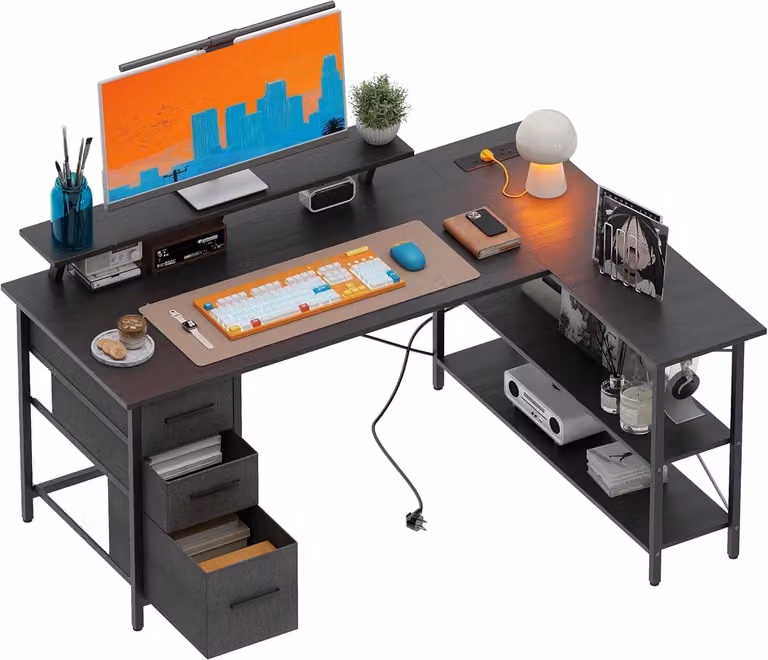 Scrivania a forma di L, dimensioni 120x80 cm, 3 cassetti, supporto per monitor, colore nero